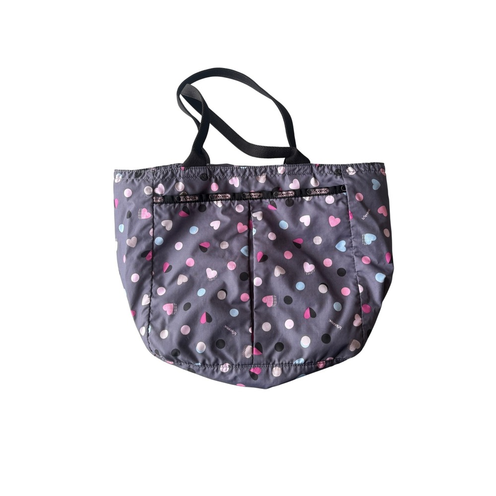 LeSportsac Heart Polka Dot Nylon Tote Bag Grey Pink Blue Shoulder Bag
